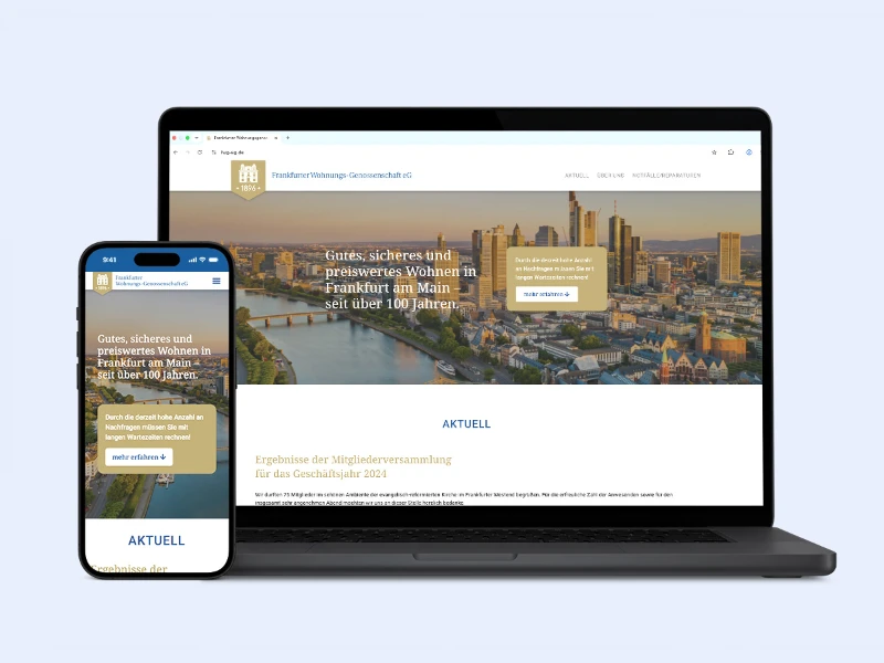 Ansicht der Startseite im MacBook und in iPhone für das Projekt 'Frankfurter Wohnungsgenossenschaft' – Professionelles Webdesign & UI/UX Portfolio (Vorschau)