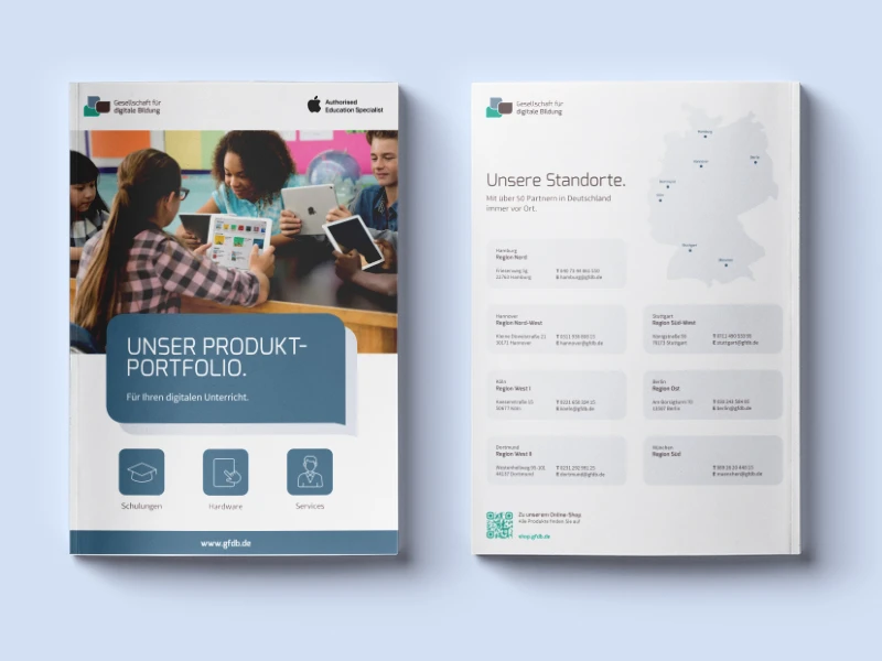 mehrere aufgeschlagene Katalog Innenseiten für das Projekt 'Produktkatalog für die Gesellschaft für digitale Bildung' – Grafikdesign & Print Portfolio (Vorschau)