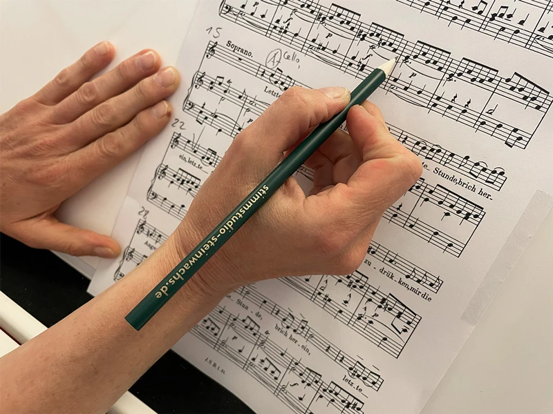 Mit dem Bleistift wird etwas in die Noten eingetragen für das Projekt 'Bleistifte fürs Stimmstudio Steinwachs' – Grafikdesign & Print Portfolio (Vorschau)