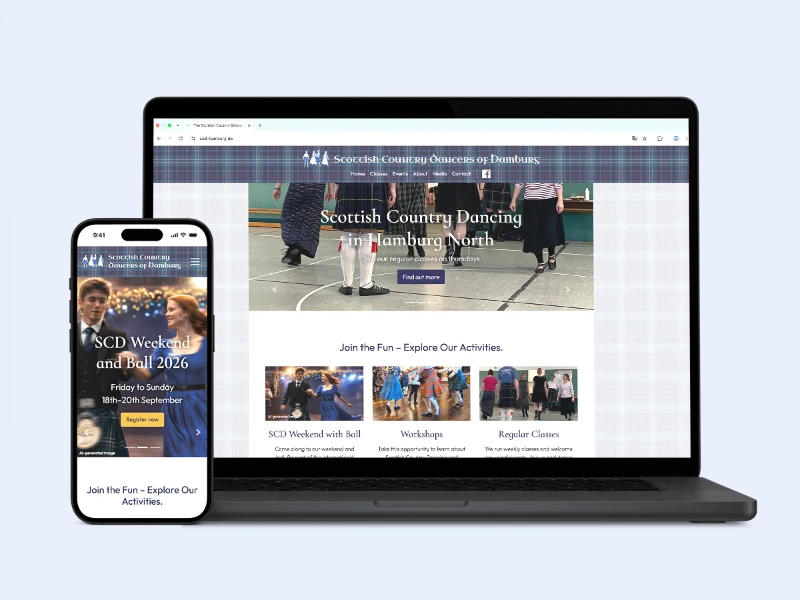 Ansicht der Startseite im MacBook und in iPhone für das Projekt 'Tanzverein Website' – Professionelles Webdesign & UI/UX Portfolio (Vorschau)
